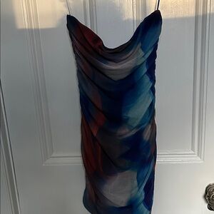 Princess Polly Blue and Red Sheer Strapless Cowl Dress